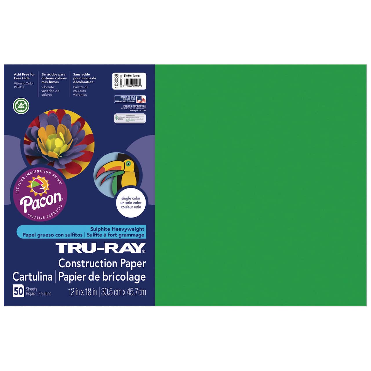 Tru-Ray Construction Paper, 76 lbs., 12 x 18, Festive Green, 50
